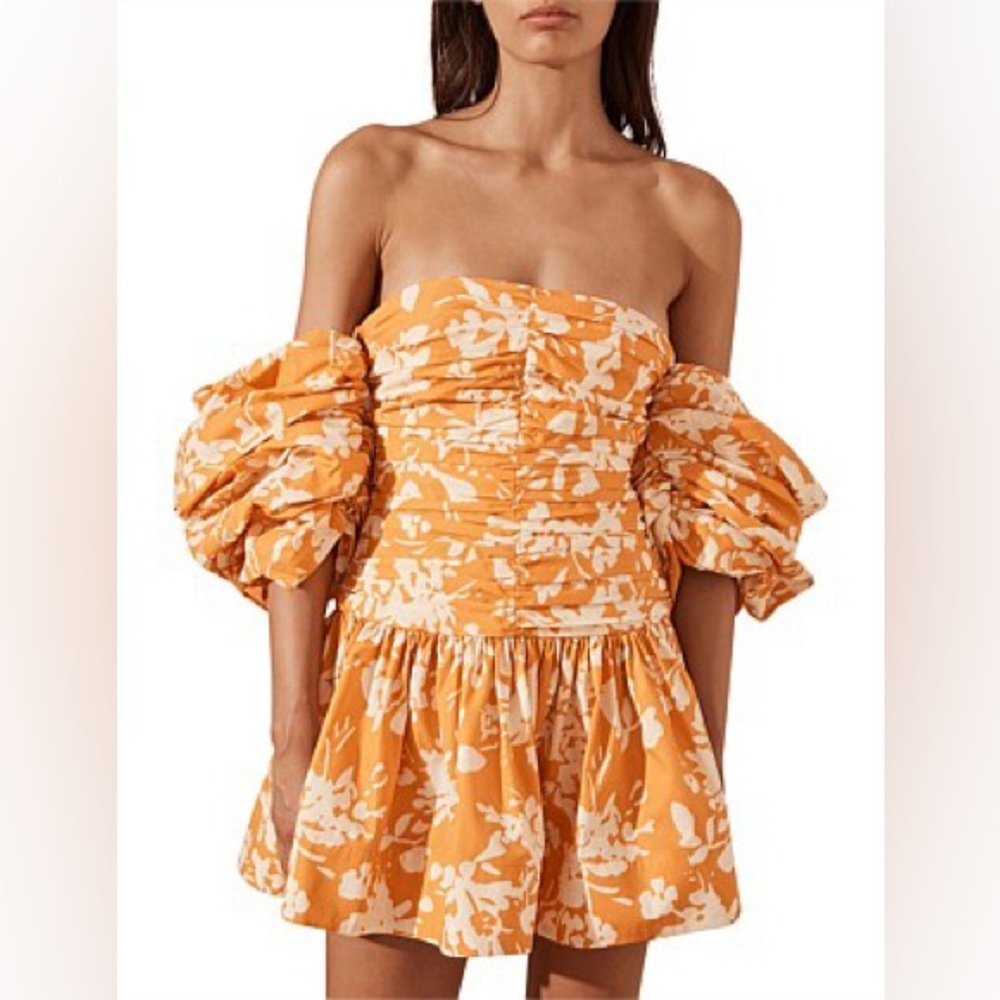Shona Joy Orange & Cream Off-Shoulder Puff Sleeve Mini Dress